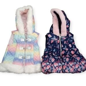 Little Lass Girls Rainbow & Navy Hooded Vests Faux Fur Trim Sz.2T Bundle EUC.